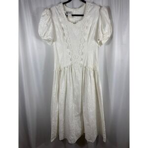 Vintage Scott McClintock White Lace Trim Puff Sleeve Formal Dress Size 14 READ